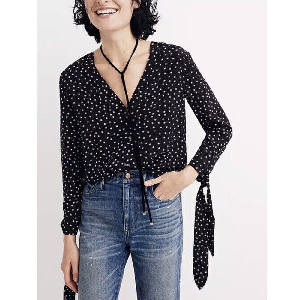 Madewell Size S Silk Star Scatter Tie Sleeve Blouse Black White - Picture 11 of 11
